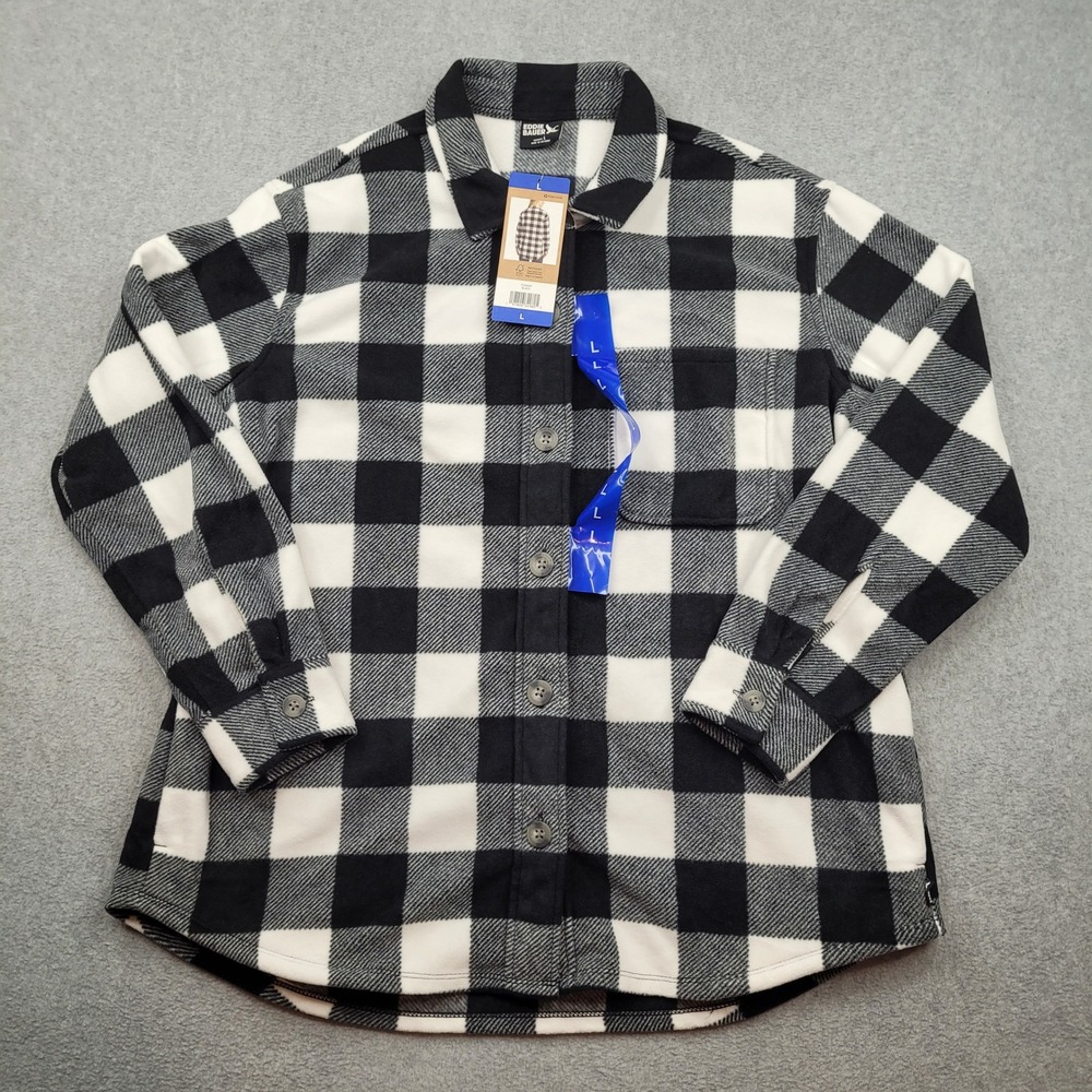 Eddie Bauer Fleece Button-Up Shirt Womens Large Black Buffalo Plaid 1724429‎